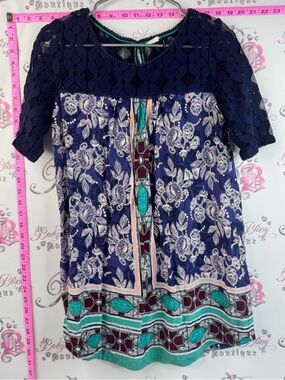 Akemi & kin mini dress or shirt Navy Floral Lace Yoke Boho Tunic Teal Accents